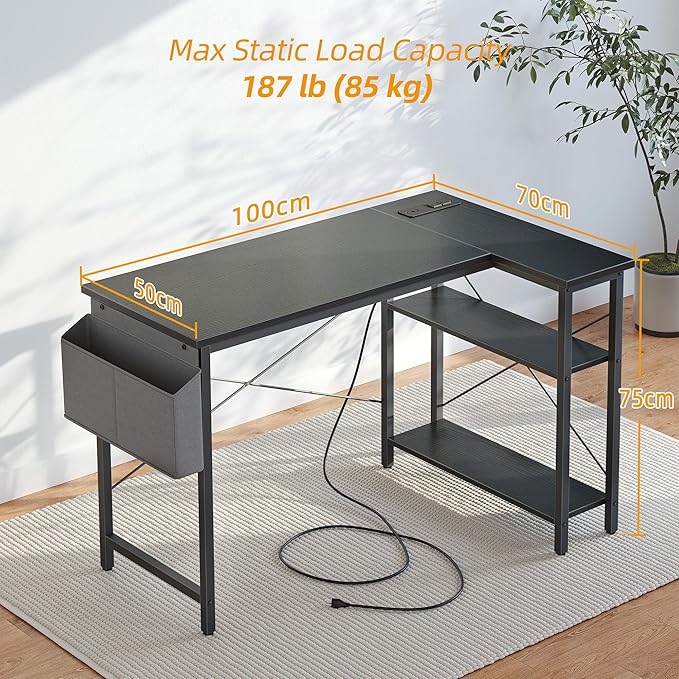 TIQLAB Small L Shaped Computer Gaming Corner Desk with Power Outlets, Reversible Shelves for Study, Writing Table for Home, Office, Bedroom, Living Room, 40 inches, Black