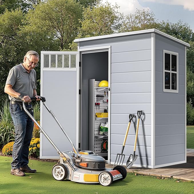 DWVO 5x3FT Outdoor Storage Shed with Fence-Style and Side Windows, Floor, Lockable Doors, Plastic Storage Shed for Backyard and Garden, Gray