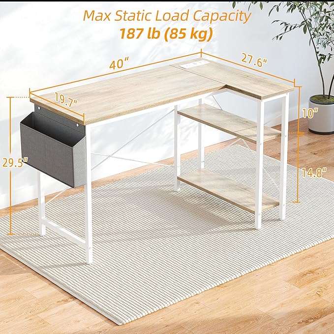 TIQLAB L Shaped Computer Desk with Power Outlets, 40 Inch Small Corner Desk with Reversible Shelves, Gaming Desk Computer Table Study Writing Table for Home Office Bedroom Small Space, Maple