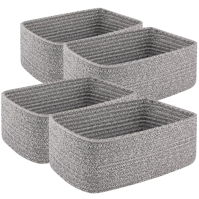 4 Pack Small Storage Shelf Baskets for Organizing, Mini Woven Rope Storage Bins for Towels, Cute Decorative Closet Organizer，Baby Nursery, Gift Empty Baskets -11.81''Lx7.87''Wx4.72''H-Grey