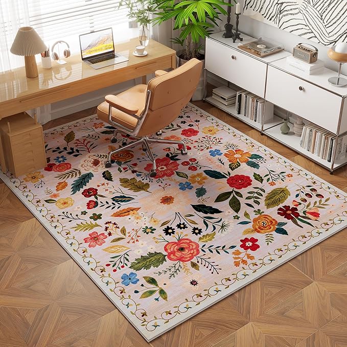 Rugcomf Area Rug 4x6 Rug Washable Boho Rugs Non Slip Low Pile Floral Small Carpet for Bedroom, Bedside, Kids Room, Office, Dining Room(Beige)