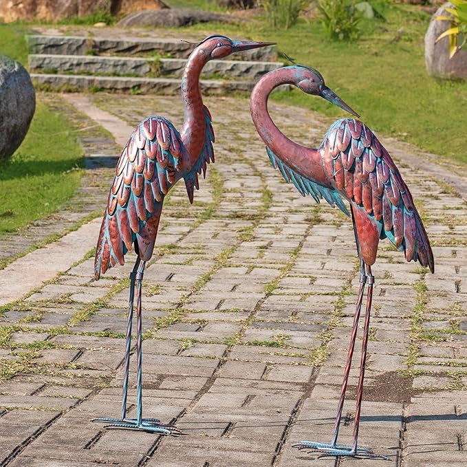 Kircust Metal Crane Statues - Set of 2 Bronze Heron Sculptures for Garden, Patio, or Yard Decor - 27.56" Tall Weatherproof Outdoor Art