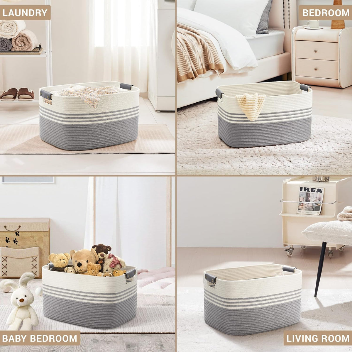 60L Large Laundry Basket with Leather Handles for Living Room Storage, Woven Rope Baskets Bin for Blanket, Kids Toy, Gifts, Wicker Hamper for Bedroom Dirty Clothes, 21"x15"x11" White Grey