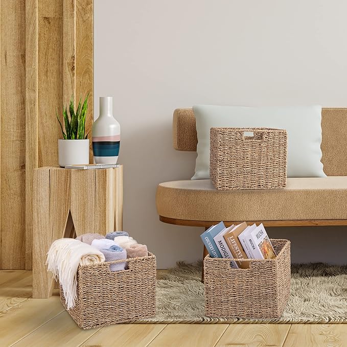 12x12x10in Seagrass Storage Baskets Set of 2, Large Wicker Storage Basket, Decorative Seagrass Shelf Basket, Pantry Baskets Organization,Folding Storage Cube Bins