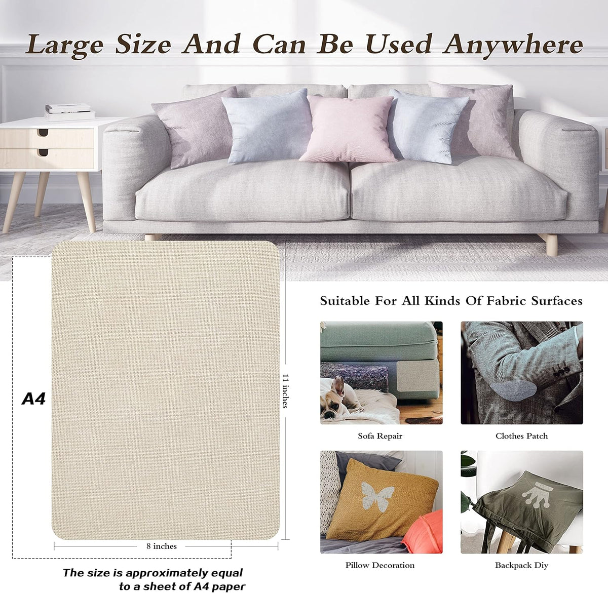 KING MOUNTAIN Coarse Linen Repair Patches, Self-Adhesive Linen Fabric Patches, 8X11 inch Extra Size, Multi Color, Can be Used for Linen Sofa Repair and Linen Clothes Repair(8" x 11",Light Beige)