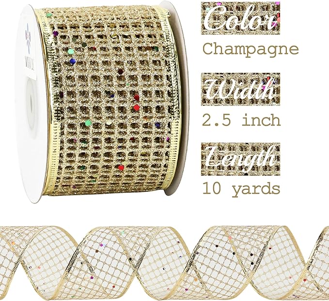 MEEDEE Champagne Gold Glitter Ribbon - 2.5 Inch Square Mesh Net Wired Ribbon with Rainbow Sparkle for Christmas Tree Decoration, Wreath Bow Making (25 Yards)