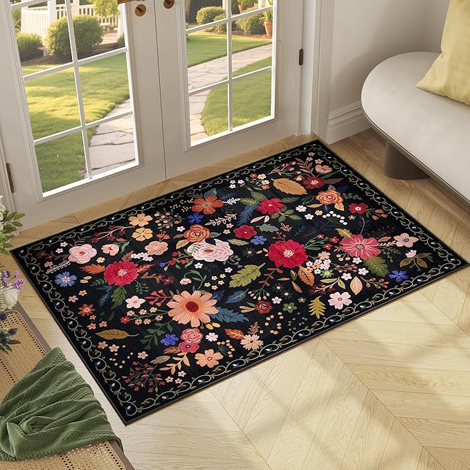 3x5 Area Rug, Floral Black Washable Rug for Entryway, Non Slip Flower Area Rugs, Soft Low Pile Indoor Doormat Small Carpet, Rugs for Living Room Bathroom Bedroom Nursery Kitchen Dining Room