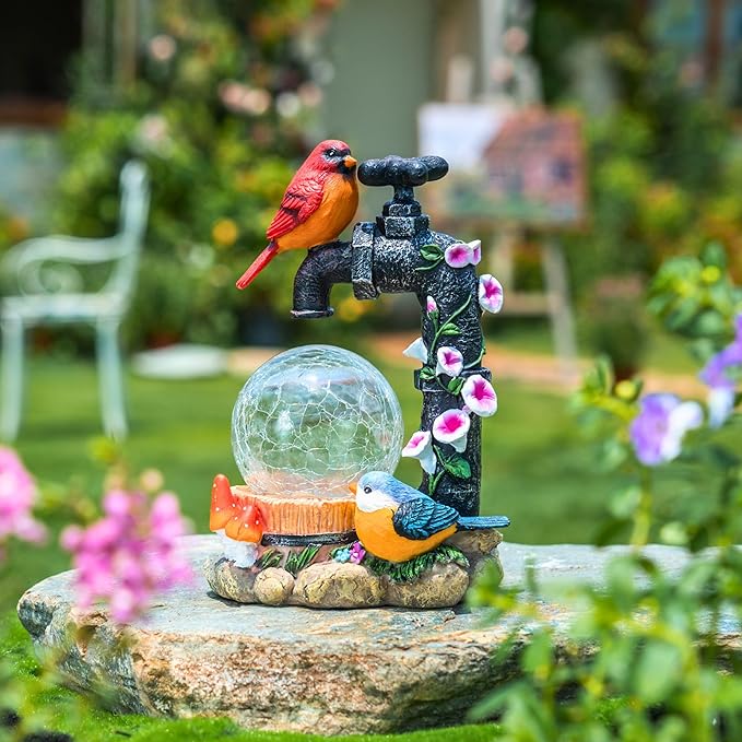 TERESA'S COLLECTIONS Garden Decor, Cardinal Garden Decor, Cute Cardinal and Faucet and Solar Light Glass Ball, Waterproof Resin Garden Statues, Cardinal Gifts, Birthday Gifts for Women Mom, 6"