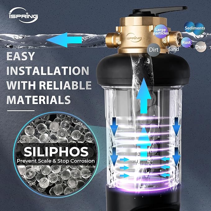 iSpring WSP100SL-ARJ-BP, NSF Certified, Whole House Spin Down Sediment Water Filter with 4 Modes Bypass, Include Siliphos Helps Prevent Scale, Clear Housing, Jumbo Size with Touch-Screen Auto Flushing