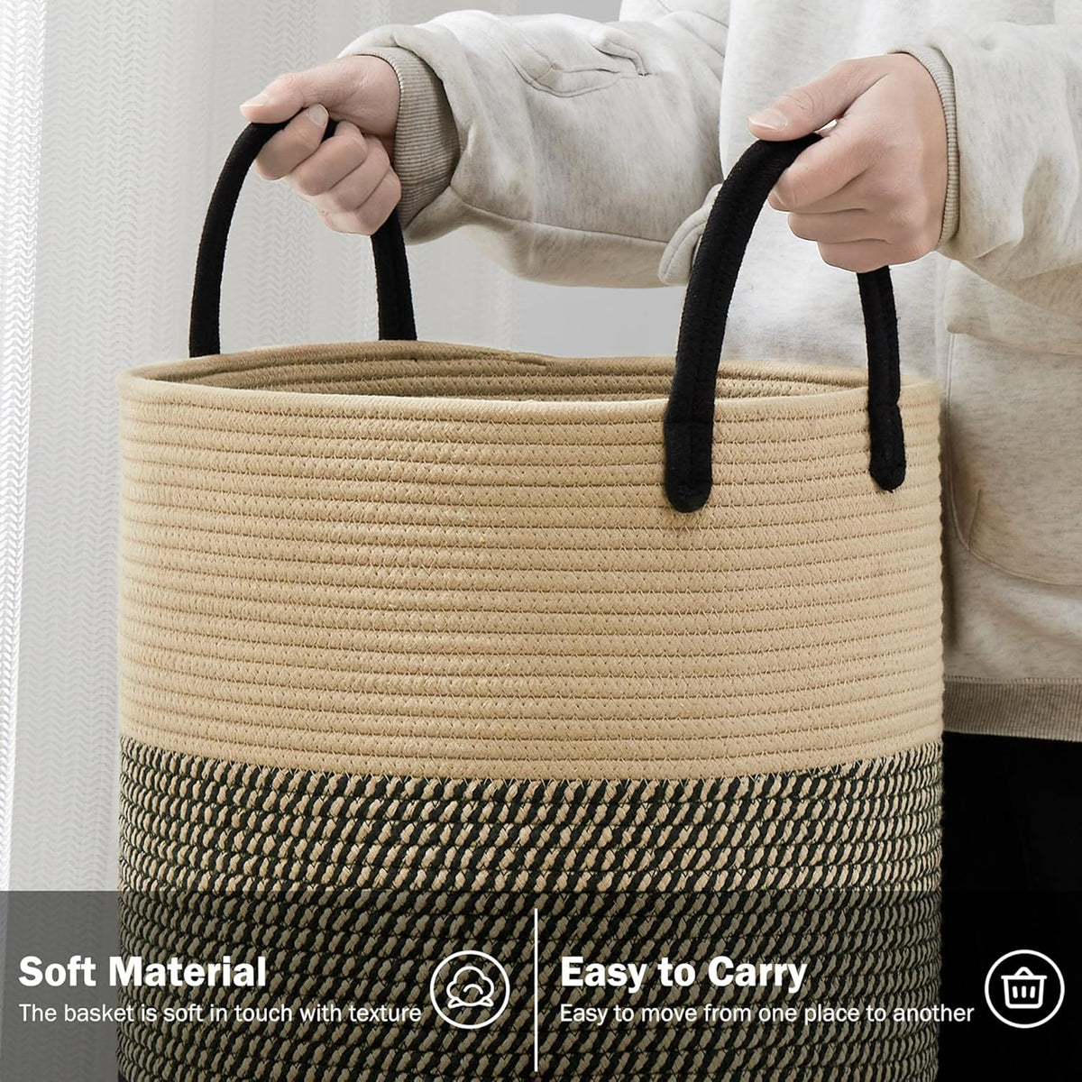 YOUDENOVA Woven Rope Laundry Hamper Basket, 72L Tall Luandry Basket, Baby Nursery Hamper for Blanket Storage, Clothes Hamper for Laundry in Bedroom-Large-Black & Brown