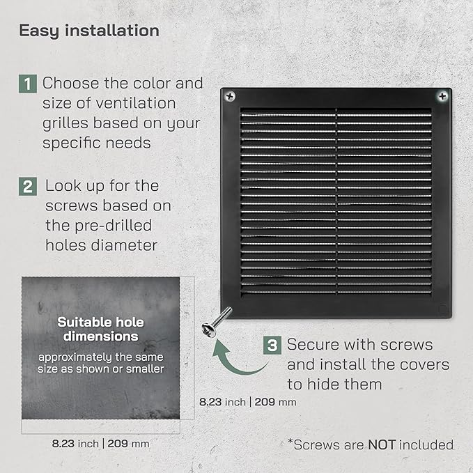 Vent Systems 8" x 8" - Pack of 5 - Black Plastic Soffit Vent Cover - Durable Flat Square Air Vent Grille with Mesh Screen - Weather Resistant Ventilation Grill - Wall & Ceiling, Indoor & Outdoor
