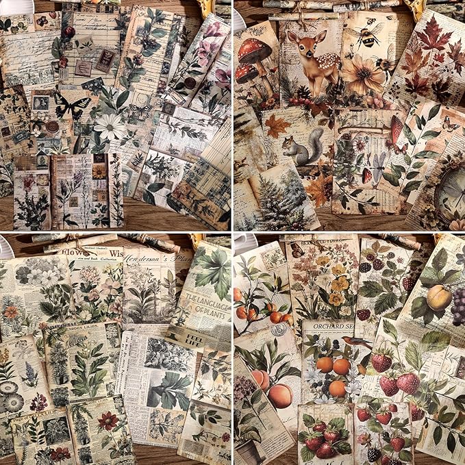 120 Sheets Vintage Botanical Scrapbook Paper Set, Journaling Scrapbooking Supplies Craft Decoupage Papers Kit, 4 Themes x 30 Mushroom Floral Antique Letter Design for Junk Journals Collage Card Making