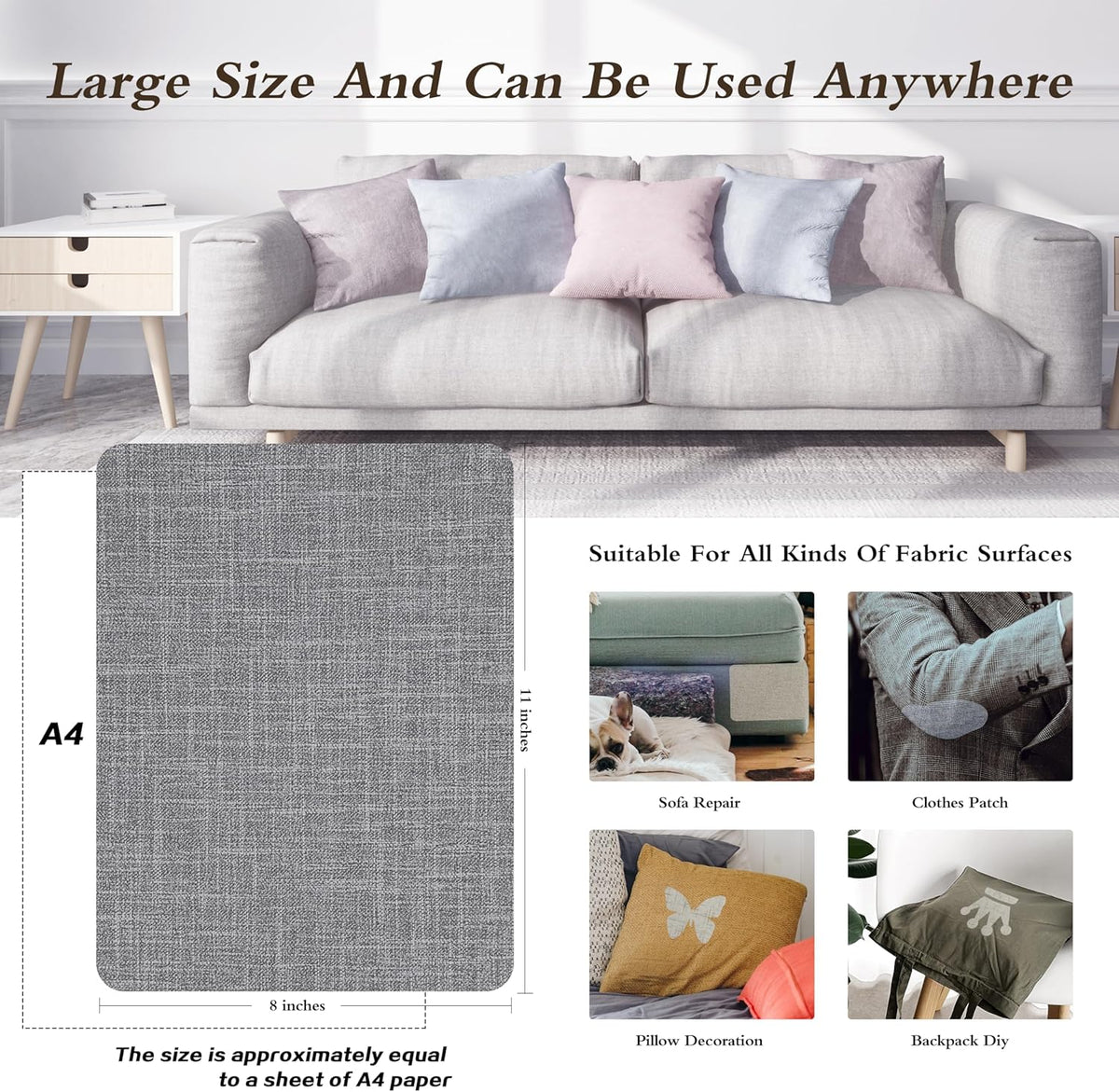 Fine Linen Repair Patches, Self-Adhesive Linen Fabric Patches, 8X11 inch 2 PCS, Multi Color, Can be Used for Linen Sofa Repair and Linen Clothes Repair(8" x 11"-2PCS,Medium Grey 2.0)