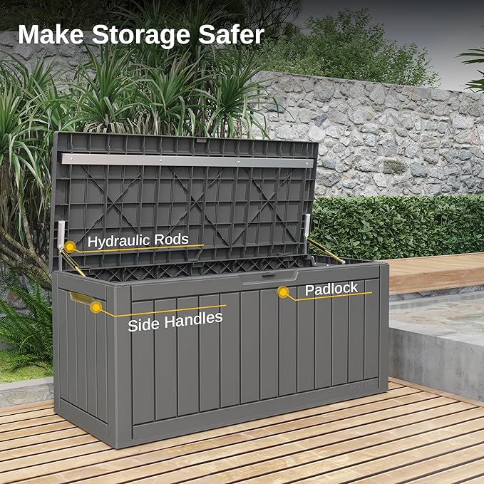 EAST OAK Outdoor Storage Box, 90 Gallon Deck Box, Waterproof Resin Storage Bin for Patio Cushions, Gardening Tools, Lockable, UV Resistant, Grey