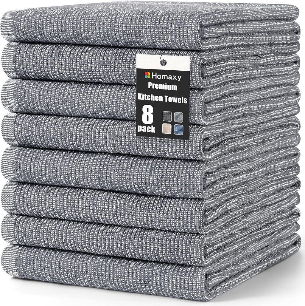 Homaxy Premium Kitchen Towels(18”x 28”, 8 Pack), Large Cotton Kitchen Hand Towels, Flat and Terry Dish Towels, 380 GSM Highly Absorbent Tea Towel Set with Hanging Loop, Grey