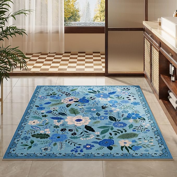 Rugcomf Bedroom Rug 3x5 Rug Washable Area Rug Non Slip Low Pile Boho Floral Small Carpet for Bedroom, Bedside, Kitchen, Entryway, Kids Room, Office, College Dorm Essentials for Girls(Blue)