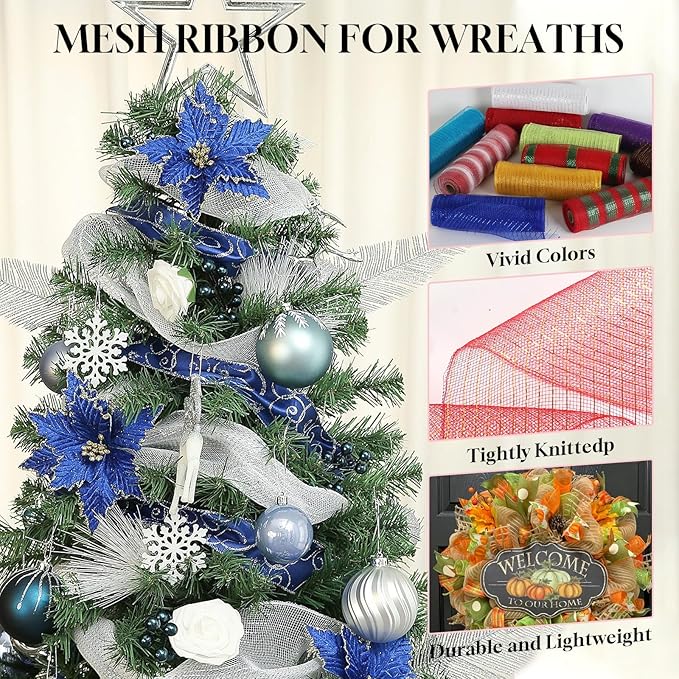 2 Rolls Mesh Ribbon for Wreaths 10 Inch x 30 Foot Wreath Mesh Rolls with Metallic Foil for Easter Christmas Party Wedding Home Decor DIY Craft Projects and Gift Wrapping (Light Blue)