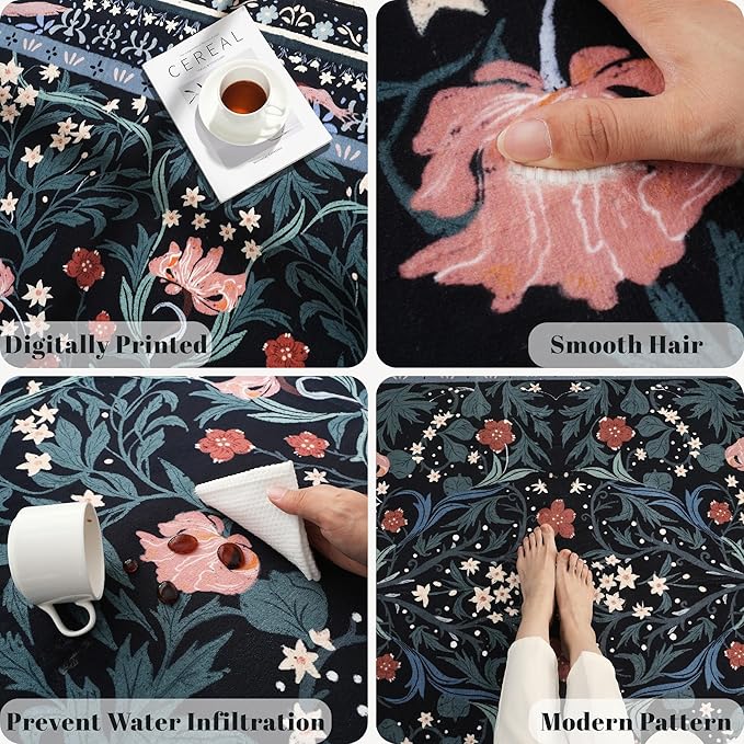 Area Rugs 8x10 for Living Room Clearance Washable Vintage Floral Botanical Rug Non Slip Low Pile Large Rug for Bedroom, Farmhouse, Dining Room, Kids Playroom, Black