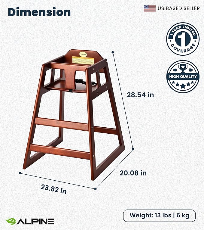 Alpine Wooden High Chairs for Babies and Toddlers with Safety Strap, Commercial Grade Restaurant High Chair, Durable Wood Space Saver Baby Feeding Chair, Ideal for Dining Spaces (2 Pack, Mahogany)