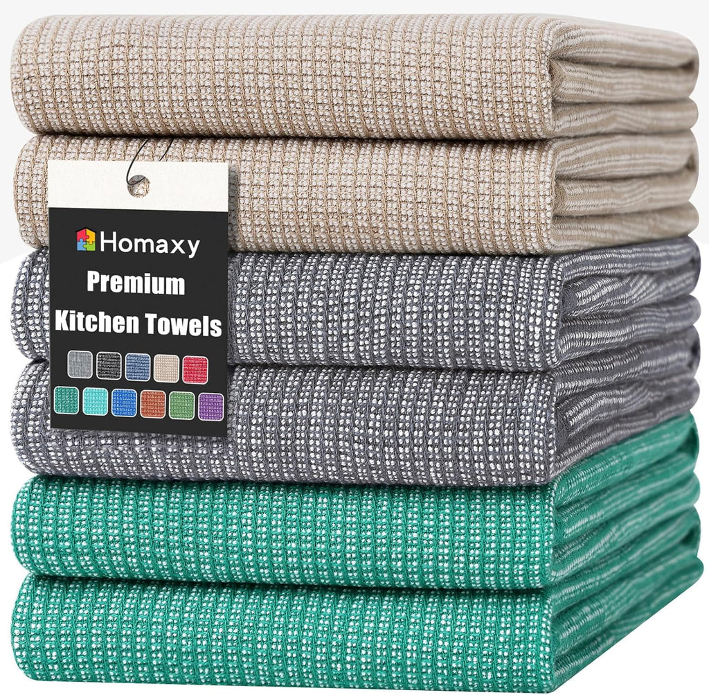 Homaxy Premium Kitchen Towels(18”x 28”, 6 Pack), Large Cotton Kitchen Hand Towels, Flat and Terry Dish Towels, 380 GSM Highly Absorbent Tea Towel Set with Hanging Loop, Grey/Green/Khaki