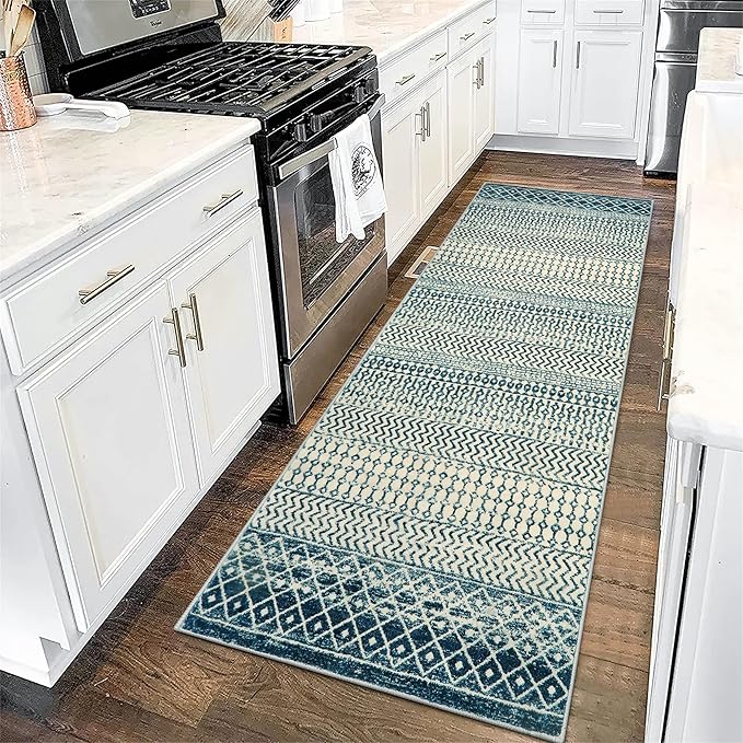 Moroccan Kitchen Runner Rug, 2x6 Non Slip Vintage Blue Rug for Kitchen Floor, Soft Low-Pile Washable Laundry Room Rug Indoor Floor Throw Carpet for Doorway Hallway Bedside Bathroom
