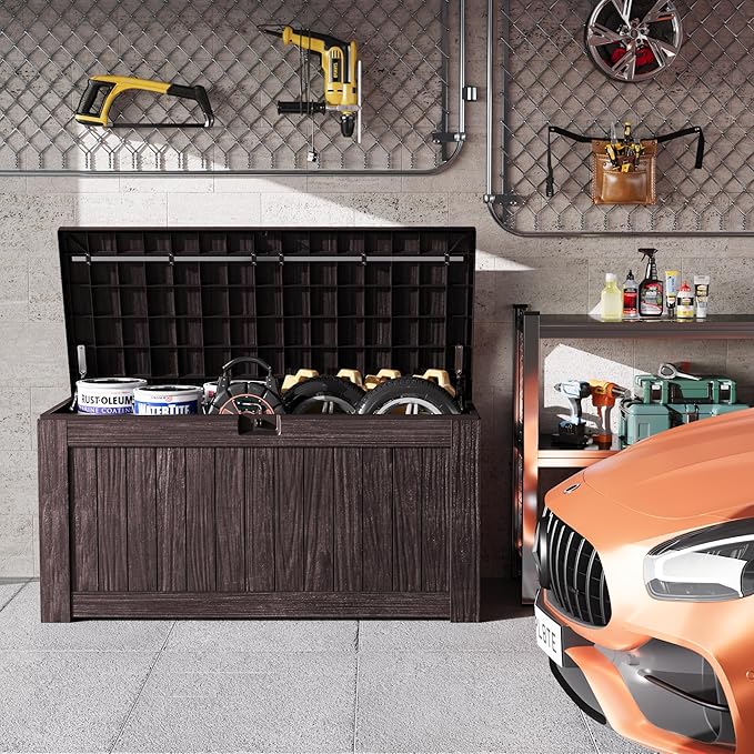 Greesum 120 Gallon Outdoor Storage Box with Lock - Large Resin Deck Box, Reinforced Lid for Garden, Patio, Lawn, Brown