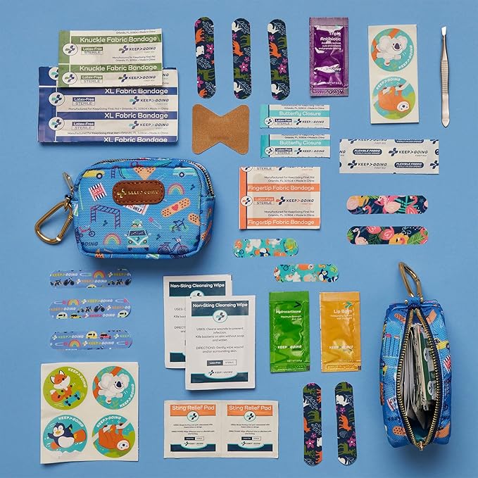 KeepGoing Small Travel First Aid Kit Kids – 60 Pc. Mini First Aid Kit for Purse, Diaper Bag, & Backpack with Latex-Free Bandages – 4 Oz., & 4.5 x 3.5 x 2 in, TSA-Approved