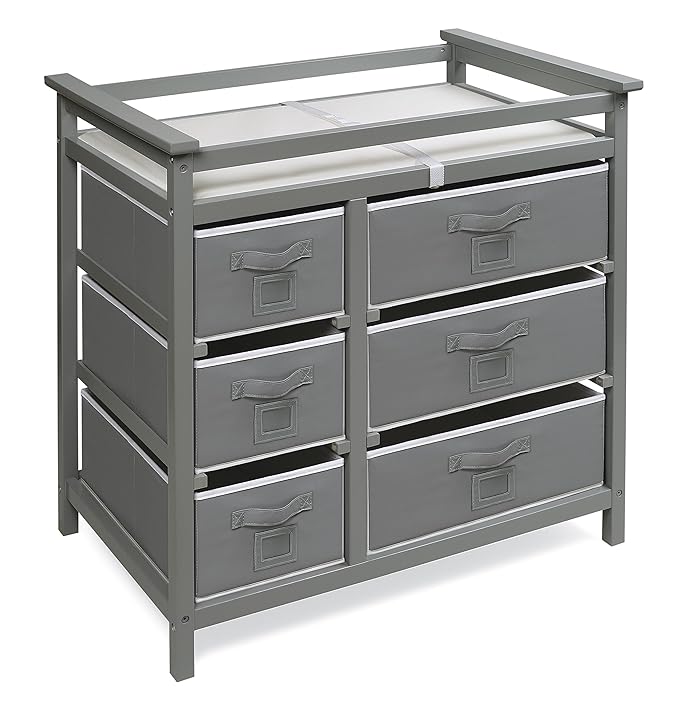 Badger Basket Modern Baby Changing Table - Diaper Station Organizer with 6 Storage Drawers, Reversible Baskets, Safety Rails - Baby Nursery Furniture with Changing Pad and Belt - Gray