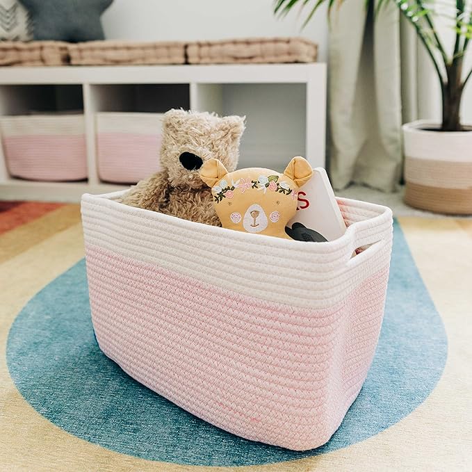 OrganiHaus Set of 3 Pink Woven Baskets for Organizing, Cotton Rope Basket for Decor, Shoe Basket Organizers & Storage, Decorative Storage Baskets & Bins, Cute Storage Basket for Toys & Cloths