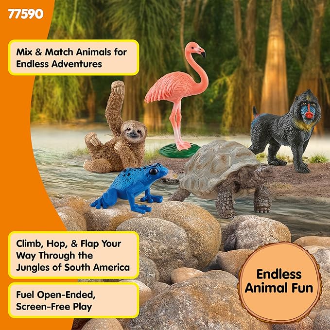 Schleich Wild Life - 5PC Exotic Animal Starter Playset Figurine Bundle - With Flamingo, Sloth, Frog, Giant Tortoise and Monkey Figures for Boys and Girls - Realistic Animal Toys Kids Ages 5+ | 77590