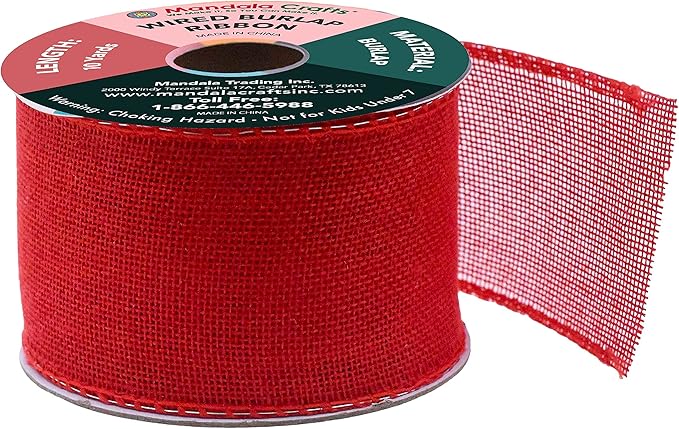 Mandala Crafts Red Burlap Wired Ribbon 2.5 Inches Wide Jute Ribbons for Crafts - 10 Yds Roll Rustic Burlap Wrap Trim Ribbons for Wreaths Bows Party Decoration