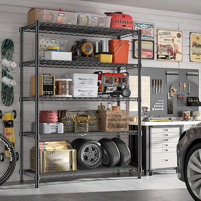 REIBII Storage Shelves with Wheels Wide Wire Shelving Unit with Wheels 75.2"H Tall Metal Shelves for Storage Sturdy Heavy Duty Shelving Deep Pantry Shelves 5 Tier Storage Rack, Keep Organized, 2 Pack