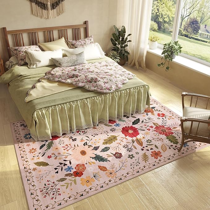 5x7 Washable Rug for Living Room, Pink Floral Area Rug, Non Slip Low Pile Soft Flower Carpet, Large Rugs for Bedroom, Dining Room, Office, Kids Playroom, Nursery, Pink/Beige