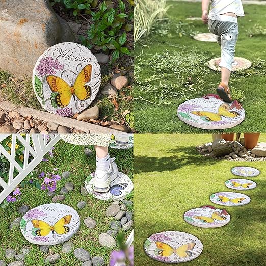 Garden Décor Stepping Stones Outdoor - Resin Butterfly Decorative Stone Bright Color Memories Pavers Outdoor for Garden Yard 9.5 * 9.5 * 0.5 Inch LC Lcdecohome
