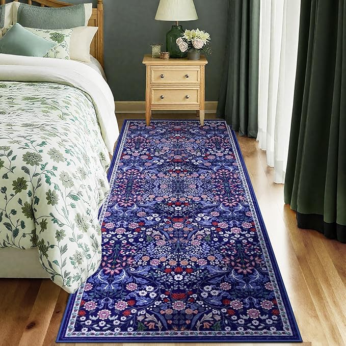 Runner Rug for Entryway: 2.6x8 Kitchen Rugs Non Slip Washable Ultra-Thin Soft Floral Carpet Indoor Floor Stain Resistant Carpets for Hallway Bedroom Kitchen Laundry Bathroom Dorm Blue