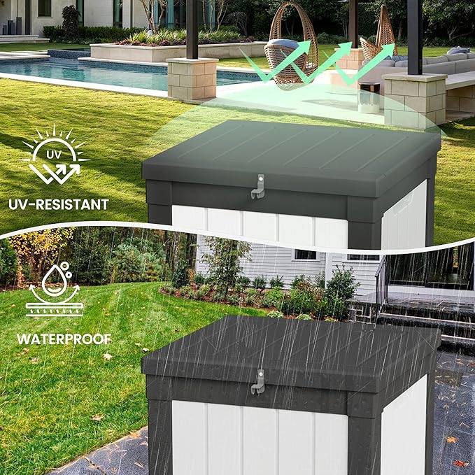 50 Gallon Storage Box, Waterproof Deck Box for Indoor & Outdoor Use, Lockable Pool Storage Bin for Package Delivery, Outdoor Bench for Patio Cushions, Garden Tools, Backyard, Black & White
