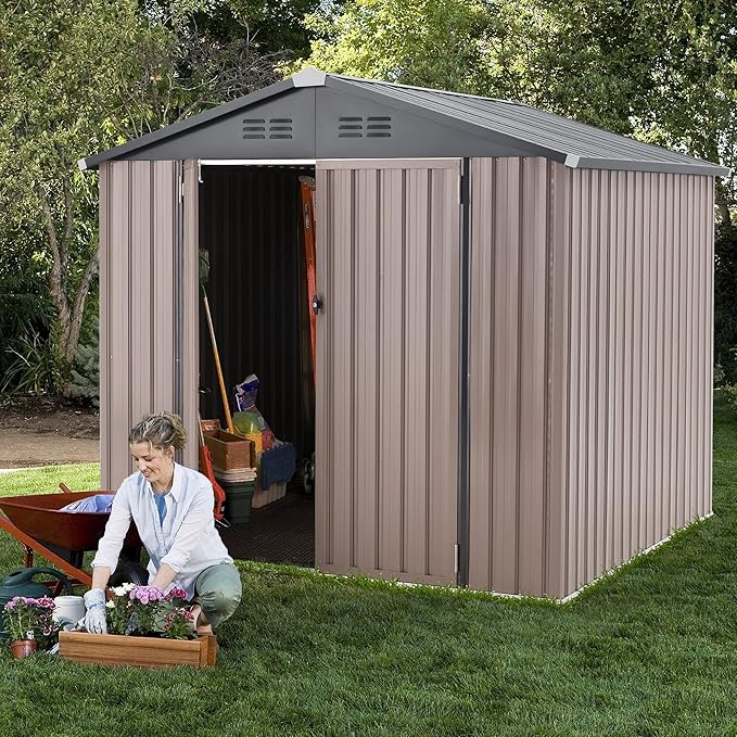 U-MAX 7' x 7' Shed Outdoor Storage Shed Clearance, Extra Large Yard Steel Shed with Design of Lockable Doors, Tool and Utility Storage for Backyard, Garden, Patio, Outside use Taupe
