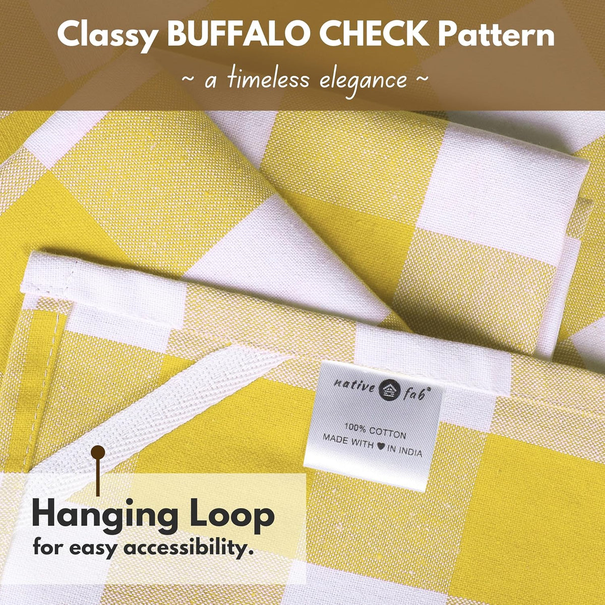 Native Fab Yellow Buffalo Dish Towel 16"x26", Set of 6 - Cotton Plaid Towels, Soft Absorbent Dishcloths with Hanging Loop, Kitchen Towels for Quick Drying - Yellow White
