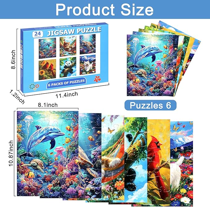 6 Packs 24 Large Piece Puzzles for Seniors,Animals Puzzle for Seniors with Dementia,Turtle Panda Cat Dolphin Bird Dog Easy Jigsaw Puzzle for Alzheimers Memory Games Dementia Activities