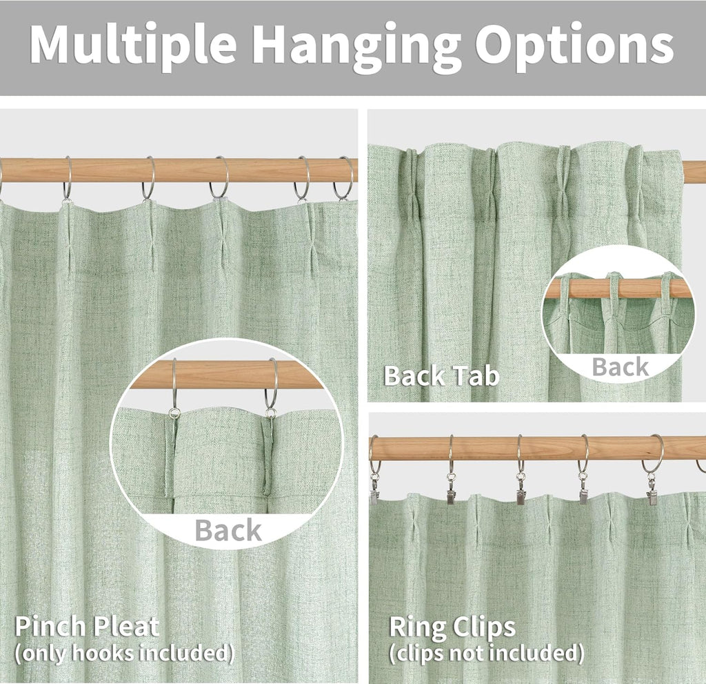 YoungsTex Sage Green Linen Curtains 90 Inch Length Living Room, Textured Semi Sheer Drapes Light Filtering with Pinch Pleated Window Treatments for Bedroom Dining Room, 2 Panels, 40 X 90 Inch