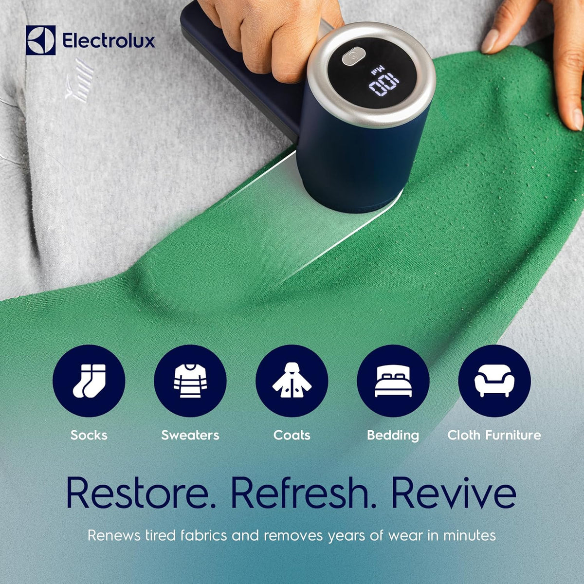 Electrolux Rechargeable Fabric Shaver | 3-Speed Lint Remover for Clothes & Furniture | Eliminates Fuzz & Pilling | Electric Lint Shaver with LED Display & Type-C Fast Charging Port - Blue