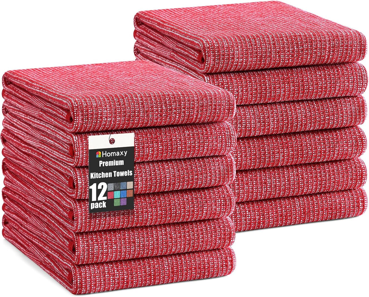 Homaxy Premium Kitchen Towels(18”x 28”, 12 Pack), Large Cotton Kitchen Hand Towels, Flat and Terry Dish Towels, 380 GSM Highly Absorbent Tea Towel Set with Hanging Loop, Red