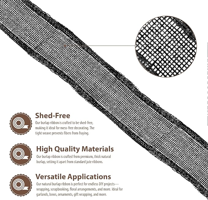 Mandala Crafts Black Burlap Ribbon 1.5 Inches Wide Jute Ribbons for Crafts - 20 Yds Roll Rustic Burlap Wrap Trim Ribbons for Wreaths Bows Wedding Party Decoration
