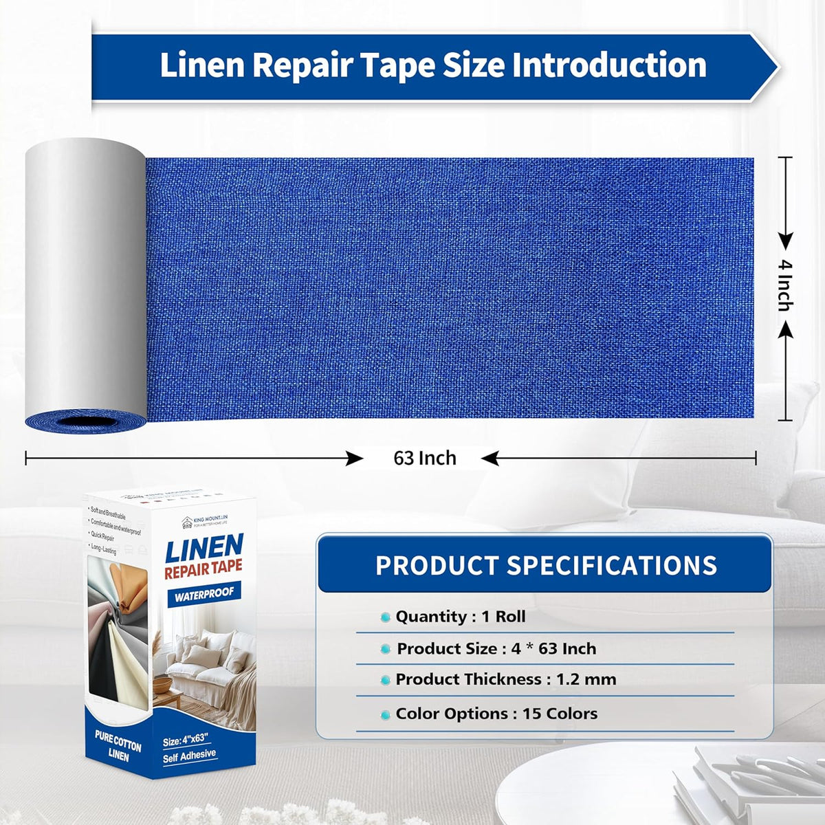 KING MOUNTAIN Linen Repair Patches, Self-Adhesive Fabric Patches, 4 X 63 inch Extra Size, Multi Color, Can be Used for Sofa Repair and Linen Clothes Repair (Navy Blue)