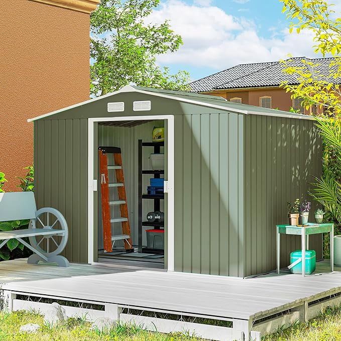 Outsunny 9' x 6' Outdoor Storage Shed, Garden Tool Metal Shed with Foundation Kit, Double Lockable Door, Air Vents and Sloping Roof, for Backyard, Patio, Lawn, Green