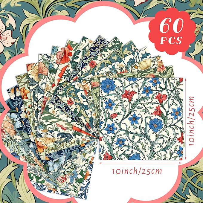 Ganeen 60 Pcs 10 x 10 Inch William Morris Floral Quilting Fabric Squares Vintage Floral Fat Patchwork Precut Strips Retro Multicolor Fabric Bundles for Holiday DIY Craft Sewing Quilt Material Handmade