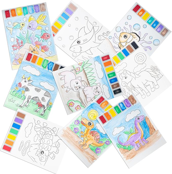 Imagination Works® Paint with Water Books for Kids, 3 Pack | Watercolor Coloring Book Set for Toddler Activities | Spillproof Kids Paint Palettes on Each Page | Travel Toys | Dinosaurs, Farm & Sea