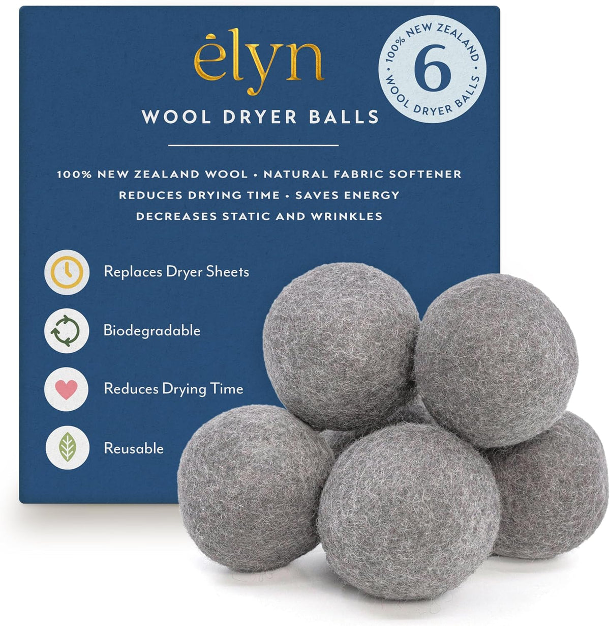 ELYN Wool Dryer Balls 6-Pack - XL, 100% New Zealand Wool, Reusable and Handmade. Fragrance-Free, Natural Fabric & Laundry Softener, Reduce Wrinkles, Static and Drying Time (Grey)
