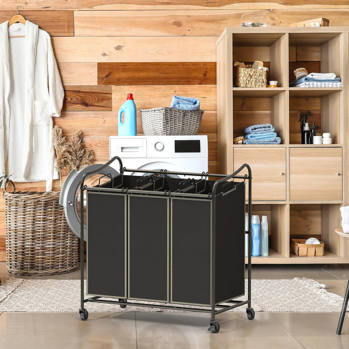 Simple Houseware Heavy Duty 3-Bag Laundry Sorter Rolling Cart, Bronze
