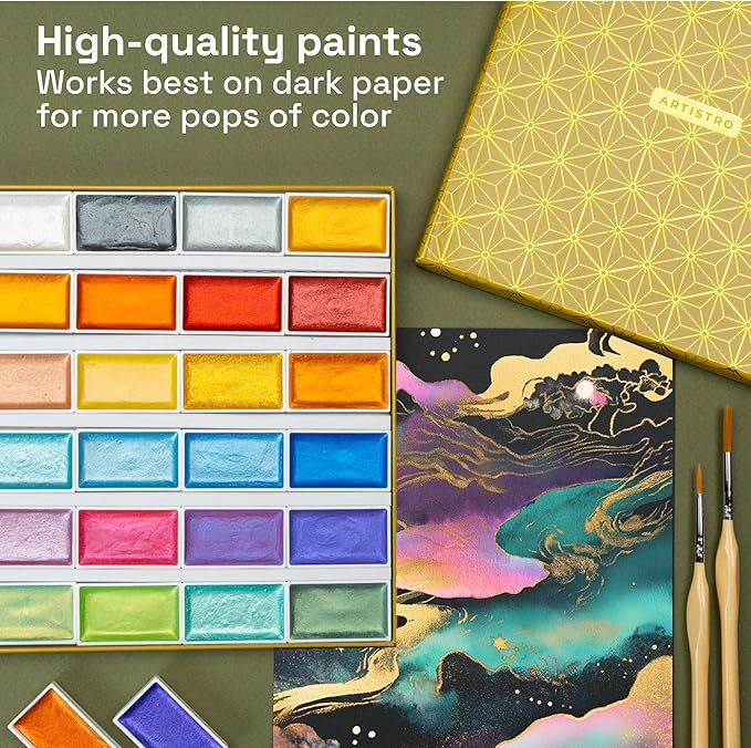 ARTISTRO Professional Metallic Watercolor Paint Set for Adults - 24 Pigment-Rich Colors, XL Pans, ASTM-I Lightfastness, High Tinting Strength Watercolor Set for Professionals made by professionals
